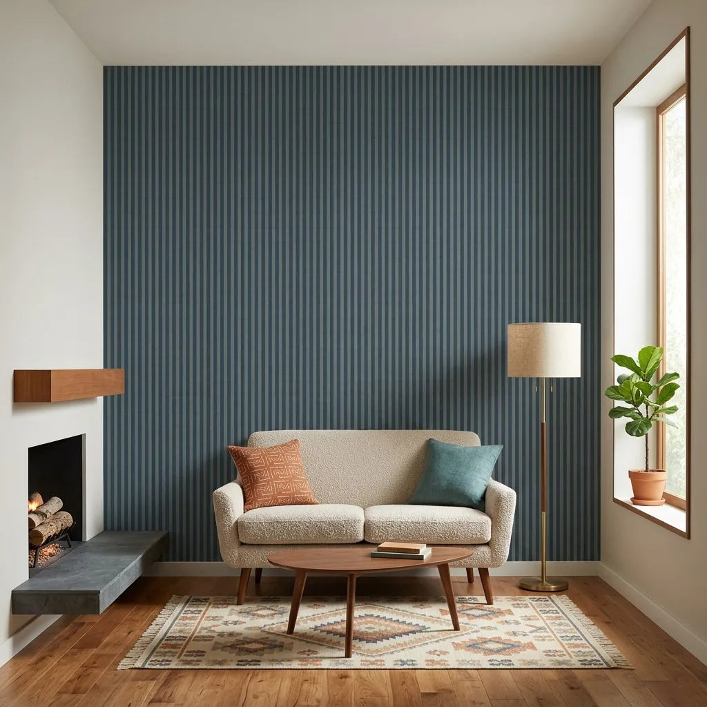 Living Room - Serene living room showcasing Watson wallpaper in Blue and Grey-Green by York Wallcoverings for a peaceful home.