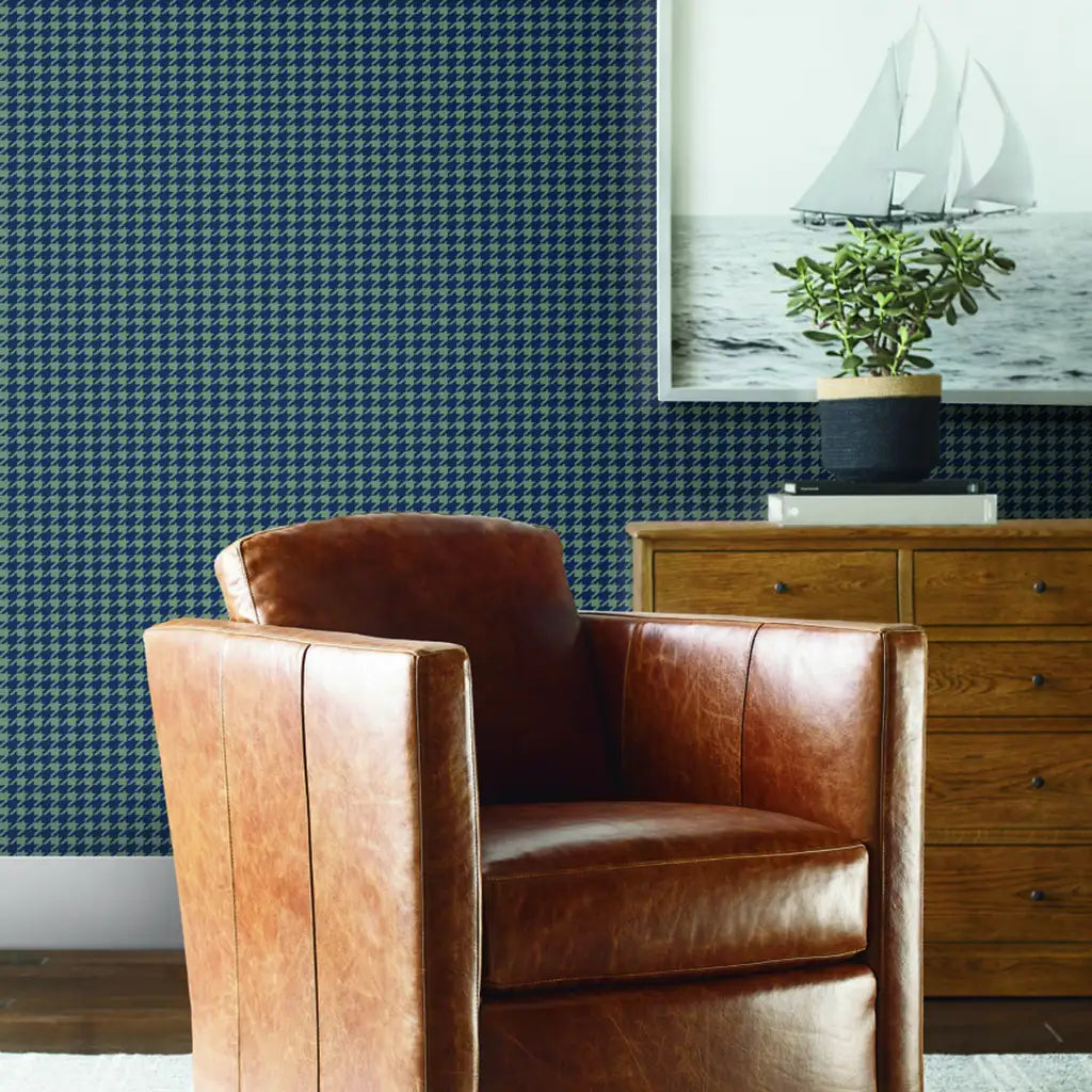 Modern living room showcases elegant Watson wallpaper in Blue and Grey-Green by York Wallcoverings.