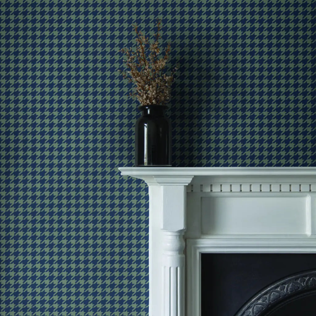 Elegant living room featuring York Wallcoverings' Watson wallpaper in Blue and Grey-Green, enhancing modern home decor.