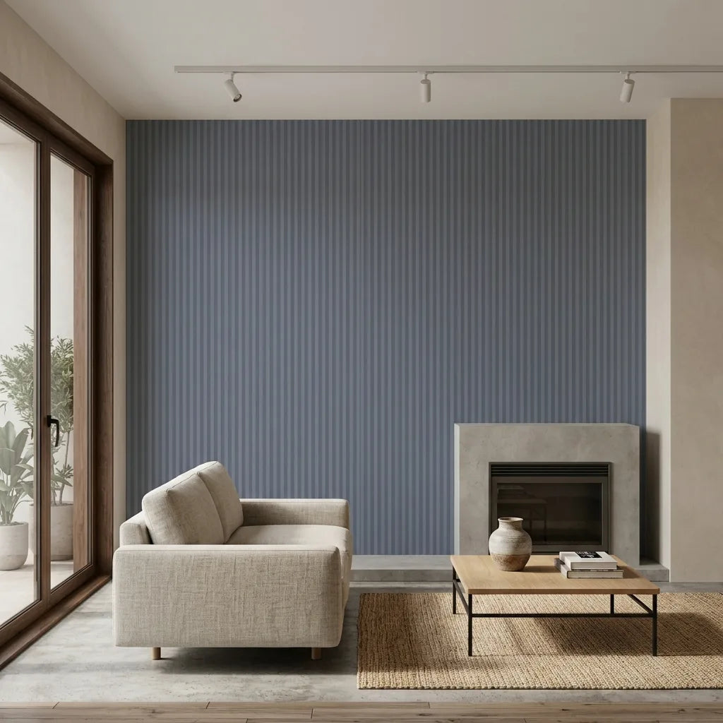 Living Room - Stylish living room showcasing 'Watson' wallpaper in Slate Blue by York Wallcoverings.