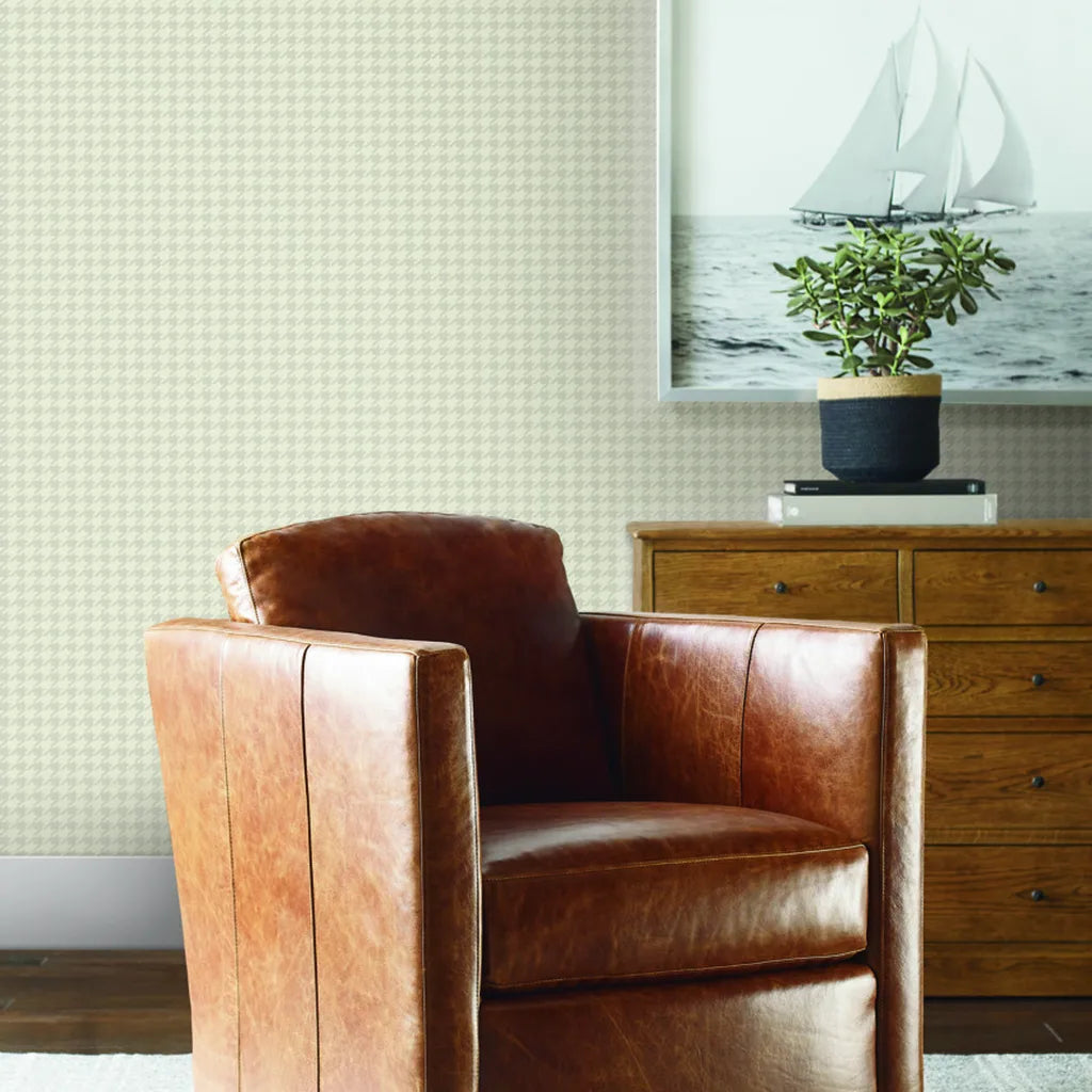 Living room featuring 'Watson' wallpaper in Warm Greige by York Wallcoverings, creating a serene and stylish atmosphere.