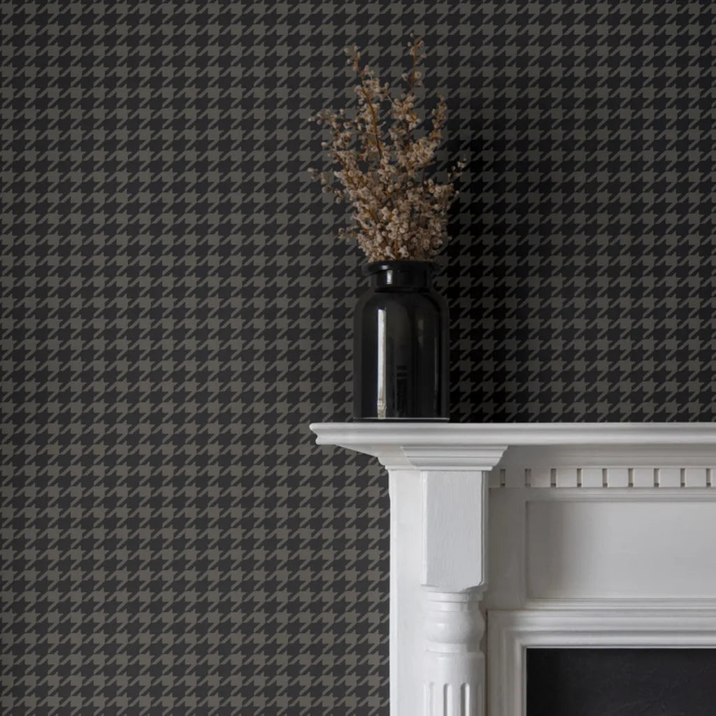 Living room features 'Watson' wallpaper in Charcoal and Taupe by York Wallcoverings, enhancing modern decor.