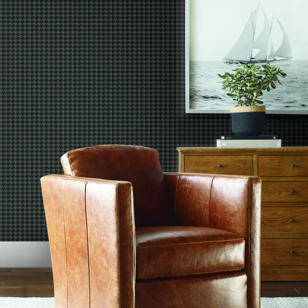 Luxurious living room showcases York Wallcoverings' Watson wallpaper in sophisticated Charcoal and Taupe tones.
