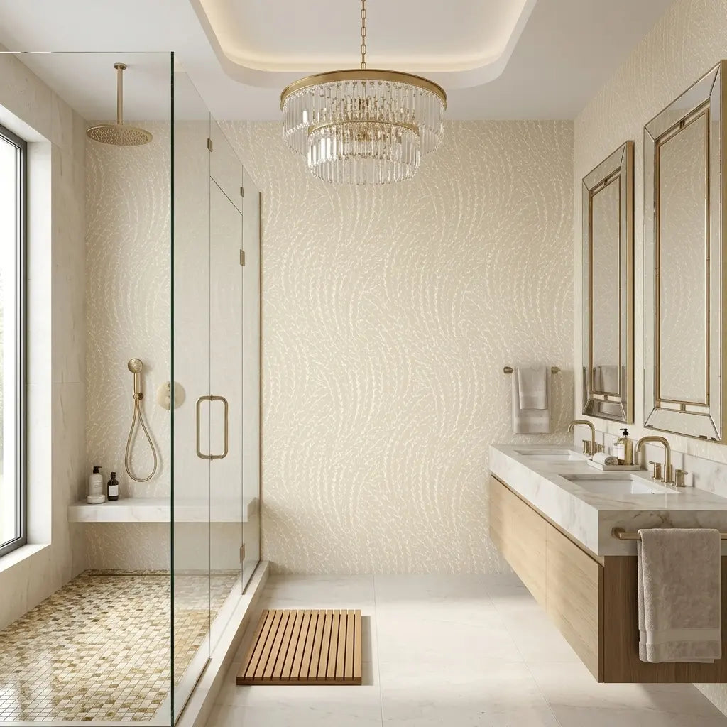 Bathroom - Elegant bathroom featuring 'Willow Song' wallpaper in Beige, Cream by York Wallcoverings.