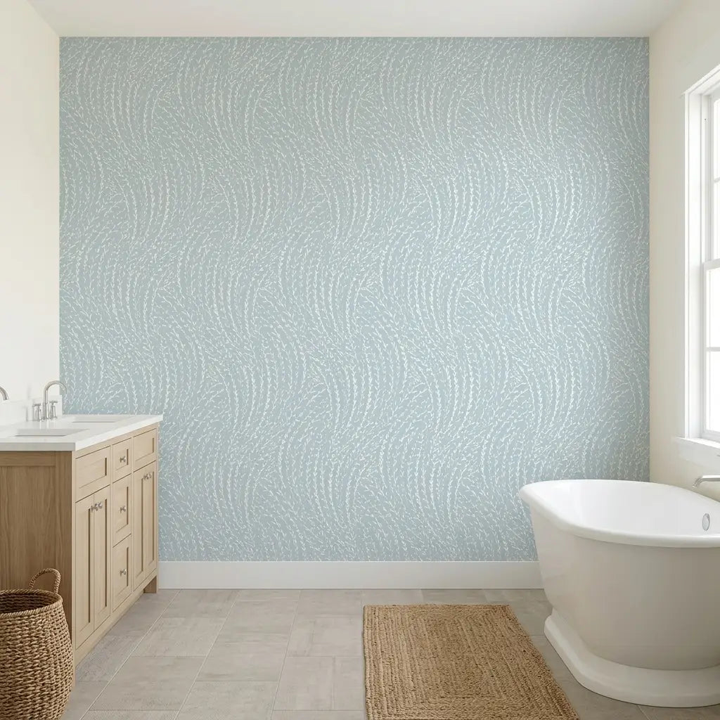 Bathroom - Elegant space featuring 'Willow Song' wallpaper in Blue and Cream by York Wallcoverings, adding serene style.
