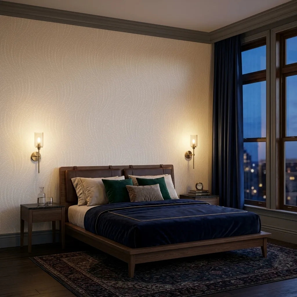 Bedroom - Elegant room features "Willow Song" wallpaper in White, Cream by York Wallcoverings, creating a serene and stylish retreat.