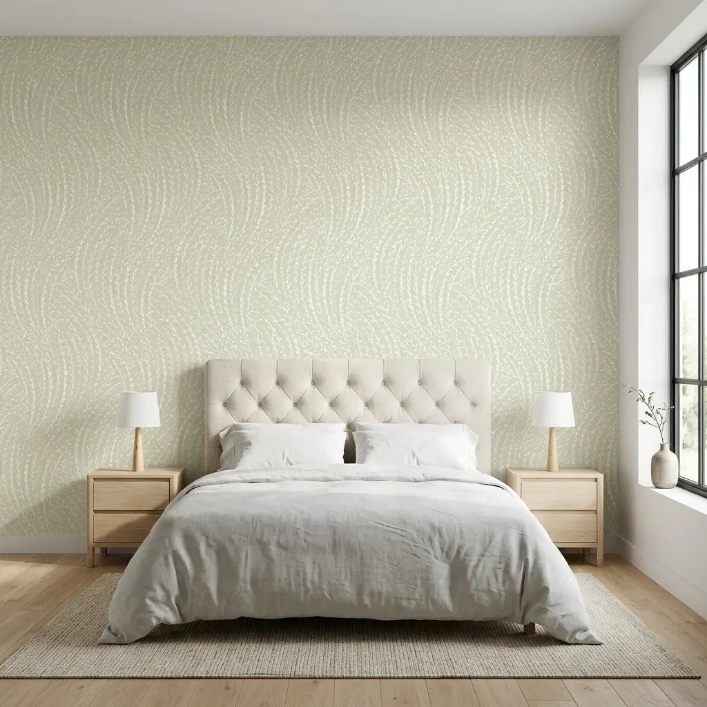 Bedroom - Elegant bedroom with Willow Song wallpaper in Sage, Cream by York Wallcoverings, creating a serene and stylish space.