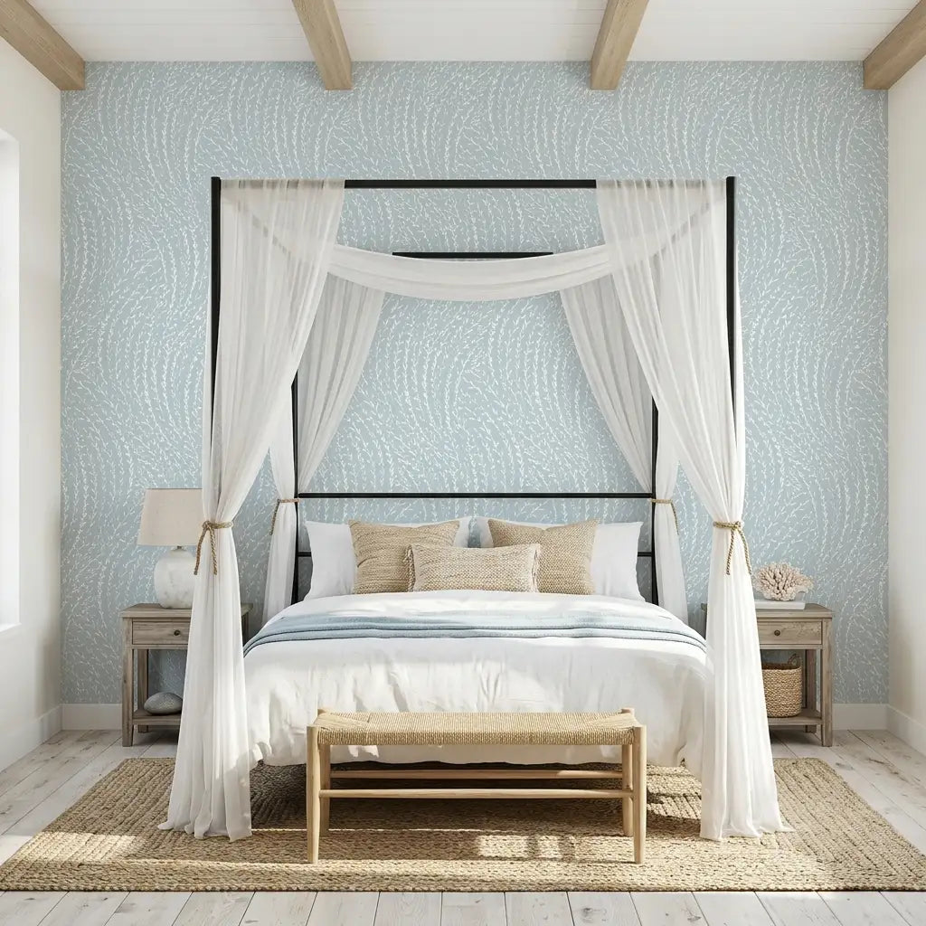 Bedroom - "Willow Song" Blue Cream wallpaper by York Wallcoverings creates a serene and stylish bedroom design.