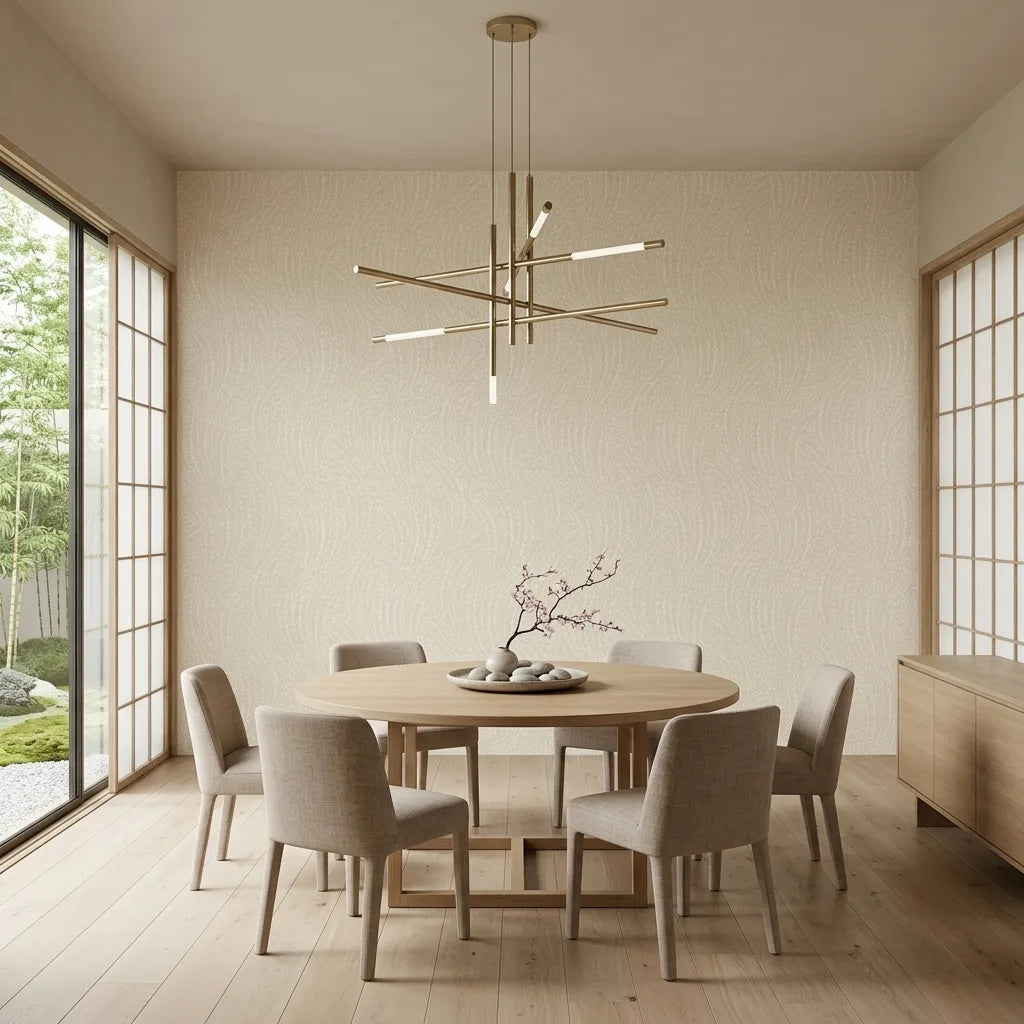 Dining Room - Sophisticated dining area featuring 'Willow Song' wallpaper in beige and cream by York Wallcoverings.