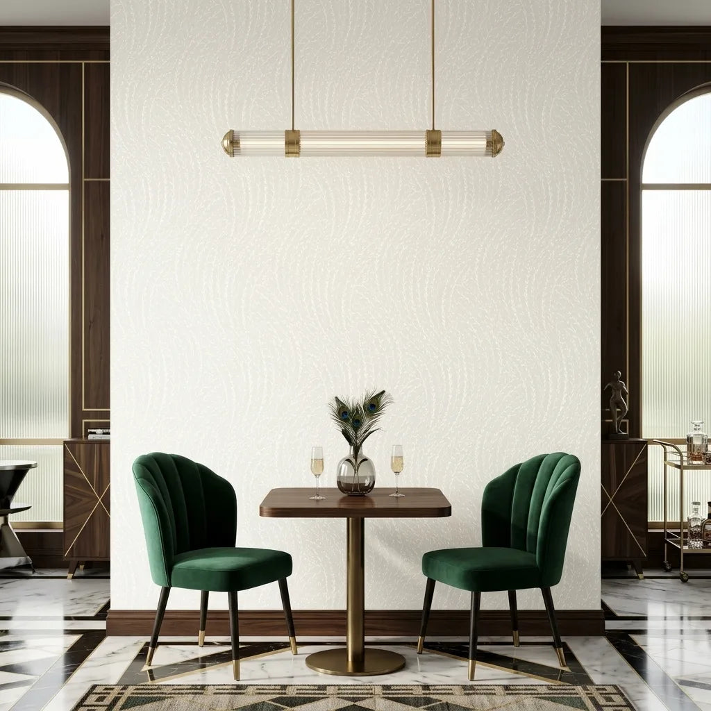 Dining Room - Elegant dining room showcasing 'Willow Song' wallpaper in White, Cream by York Wallcoverings, creating a serene space.