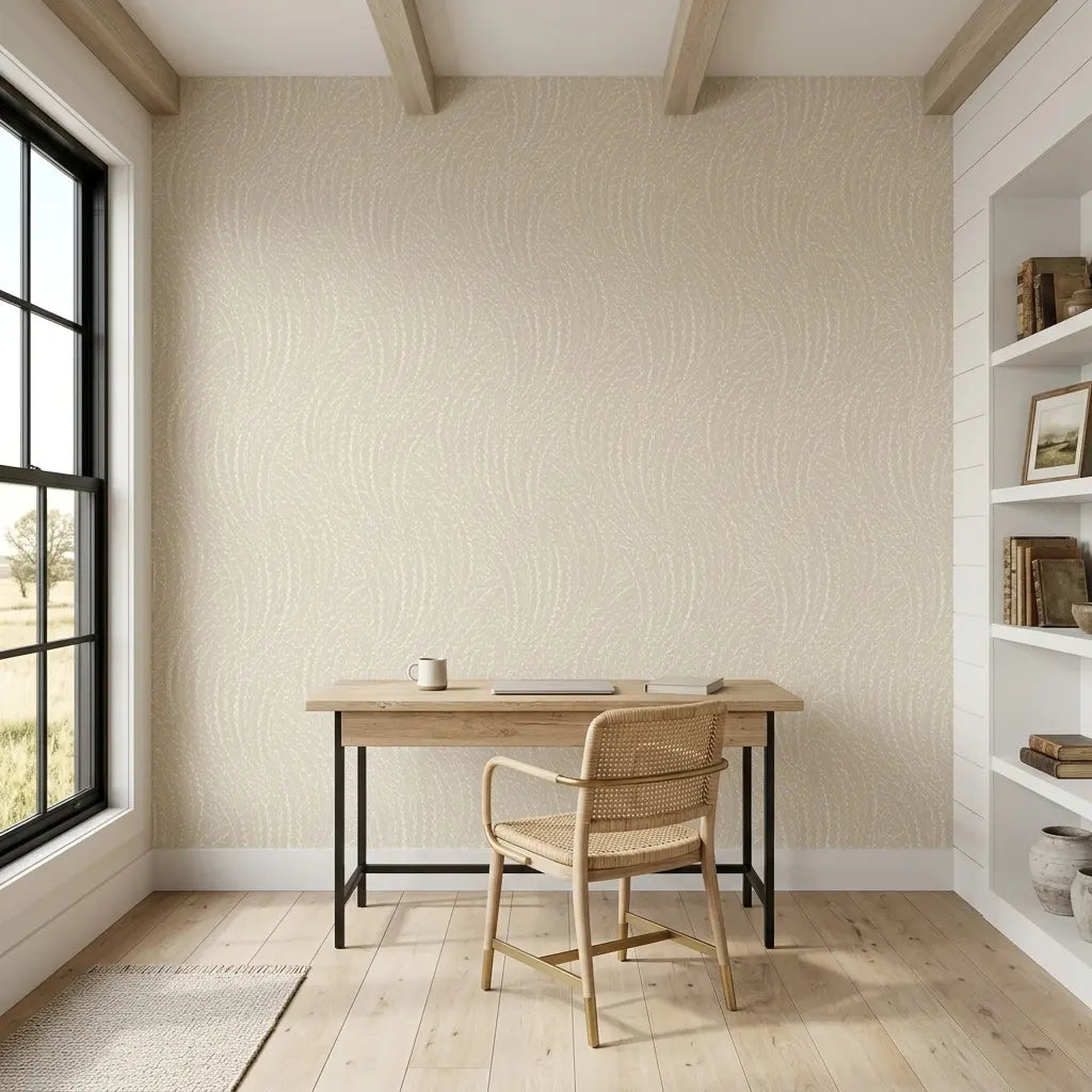 Home Office - Elegant home office with 'Willow Song' wallpaper in Taupe, Cream by York Wallcoverings, creating a serene workspace.