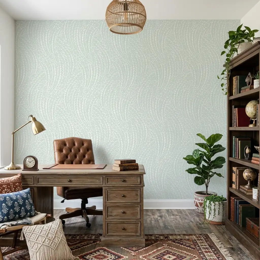 Home Office - Elegant workspace featuring "Willow Song" wallpaper in Mint and Cream by York Wallcoverings, creating a serene and stylish environment.