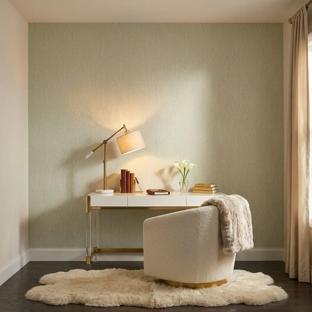 Home Office - Serene workspace featuring "Willow Song" wallpaper in Sage, Cream by York Wallcoverings, creating a calming atmosphere.