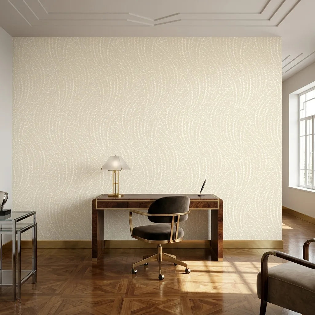 Home Office - Elegant space with 'Willow Song' wallpaper in Beige, Cream by York Wallcoverings, creating a serene workspace.