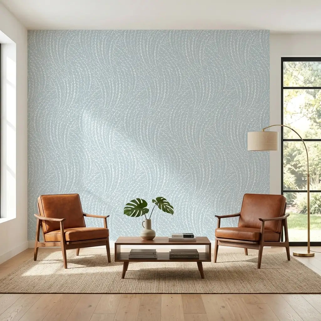 Living Room - Elegant living room showcasing 'Willow Song' wallpaper in Blue and Cream by York Wallcoverings, creating a serene space.