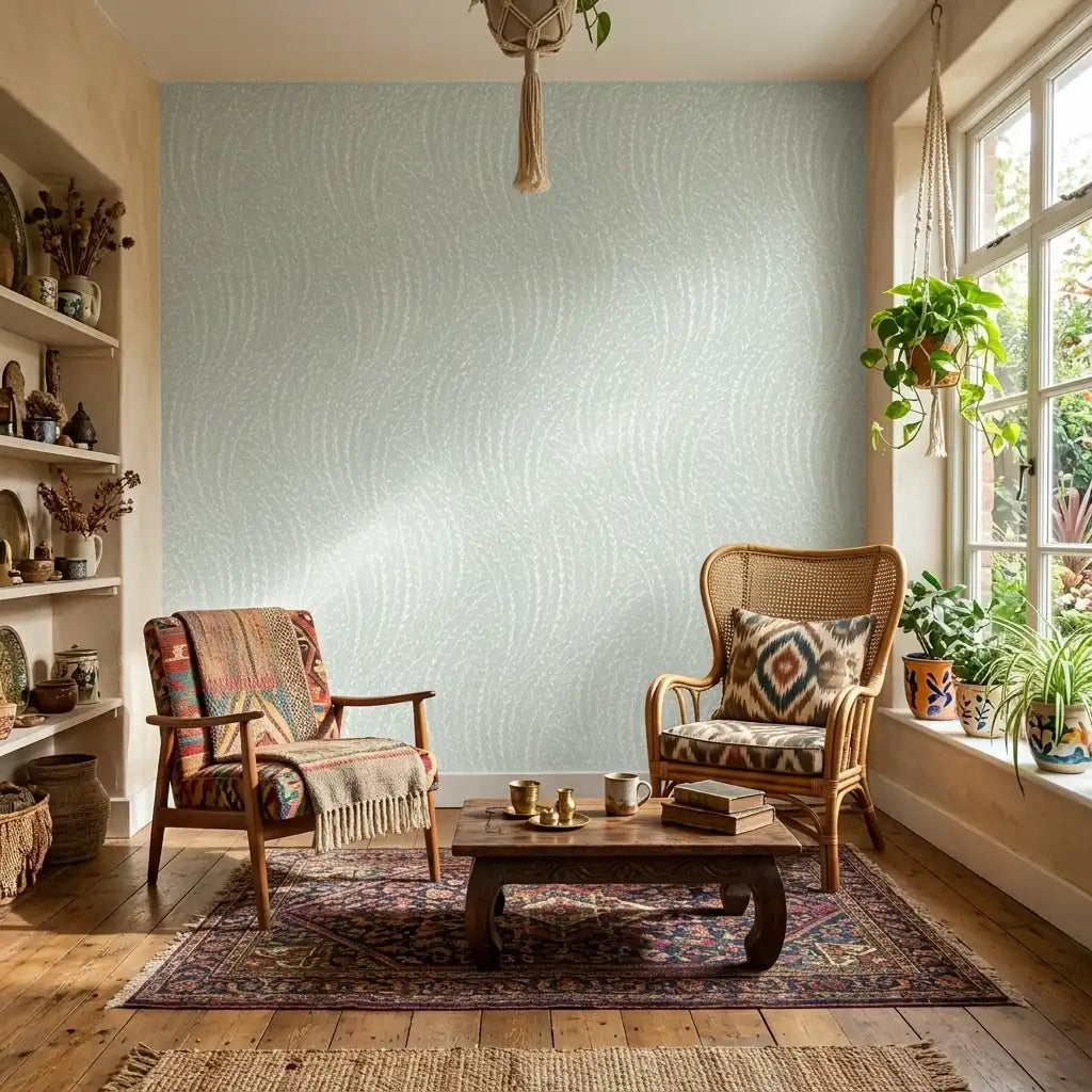 Living Room - Features 'Willow Song' wallpaper in Mint, Cream by York Wallcoverings, a beautiful and calming design.
