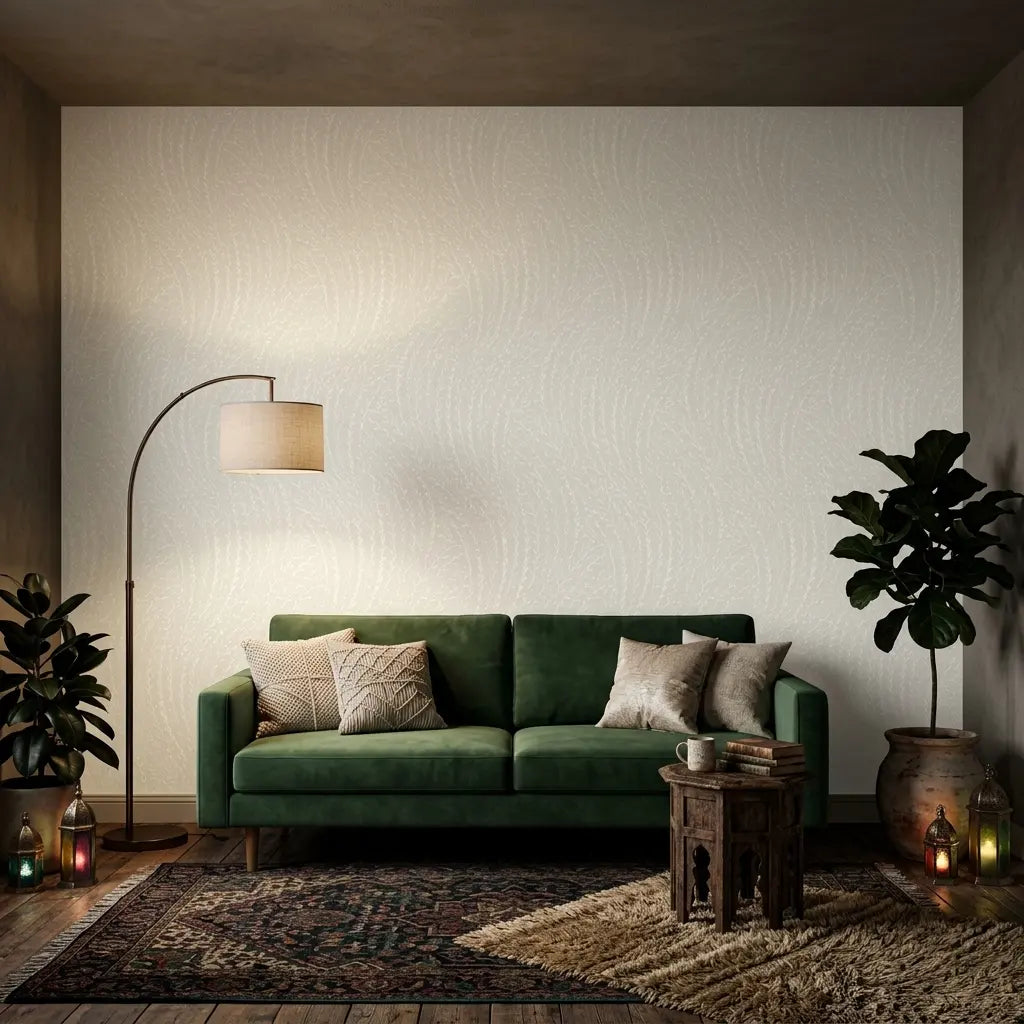 Living Room - Elegant living room featuring "Willow Song" wallpaper in White, Cream by York Wallcoverings.