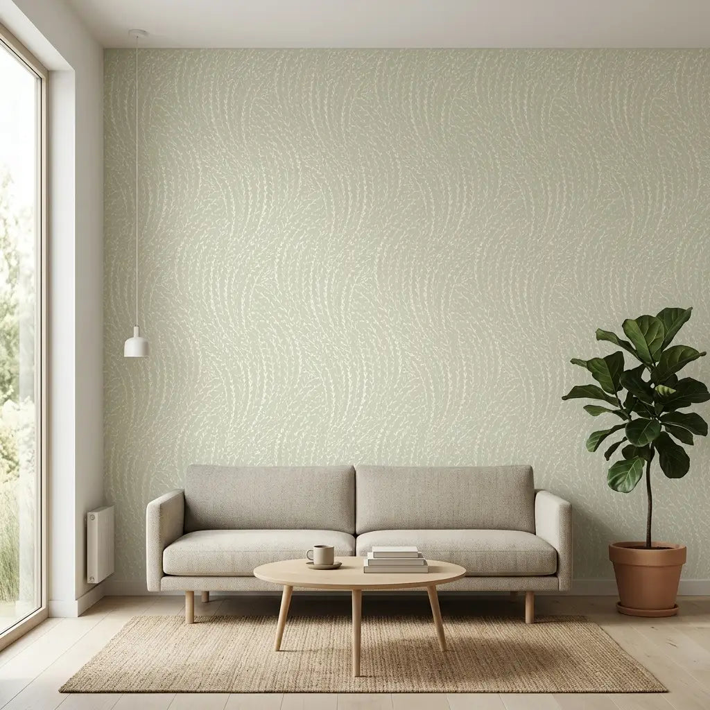 Living Room - Willow Song wallpaper in Sage, Cream by York Wallcoverings creates a serene atmosphere.