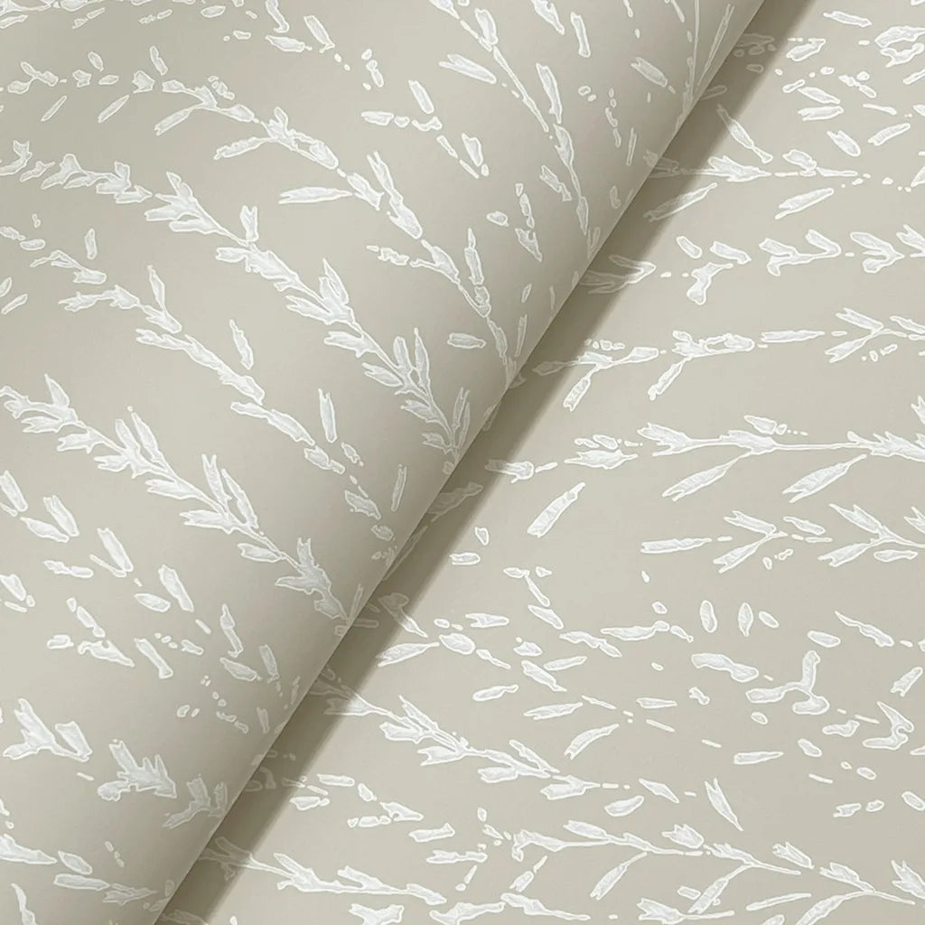Close-up texture detail of York Wallcoverings' Taupe, Cream "Willow Song" wallpaper, highlighting its intricate design.