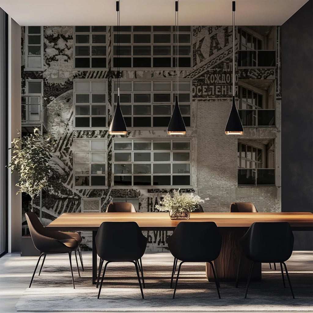 Dining room - Modern dining room with a long wooden table and black chairs against a textured wall.