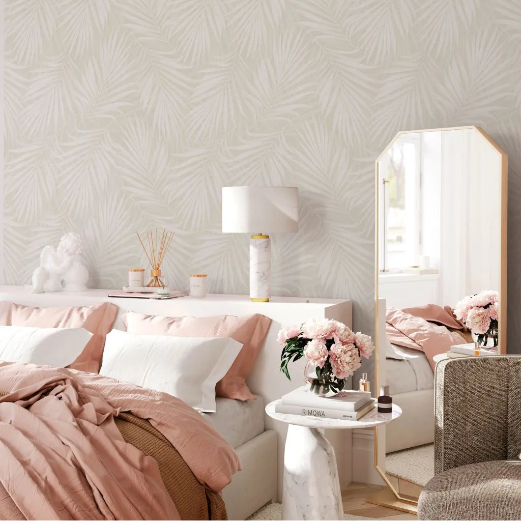 Bedroom - winter white leaves wallpaper mural with subtle palm leaf pattern in soft ivory and light greige