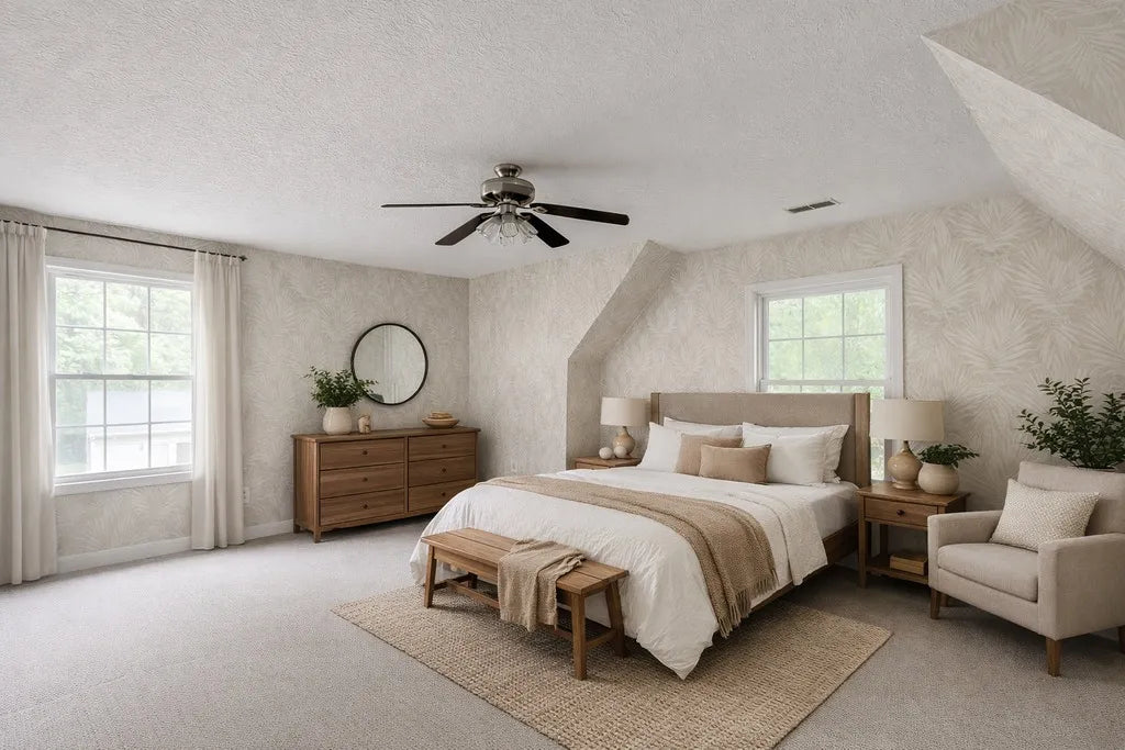 Bedroom - winter white leaves wallpaper mural with light tonal botanical texture across the walls