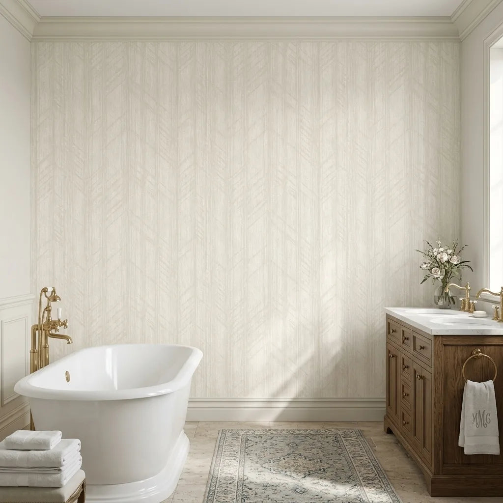Bathroom - Elegant bathroom featuring Winthrop wallpaper in Warm Ivory by York Wallcoverings, creating a serene and sophisticated space.