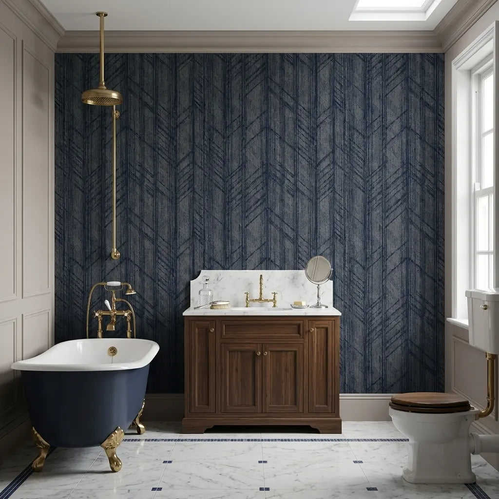 Bathroom - Features Winthrop wallpaper in Navy Blue by York Wallcoverings, creating a sophisticated and stylish design.