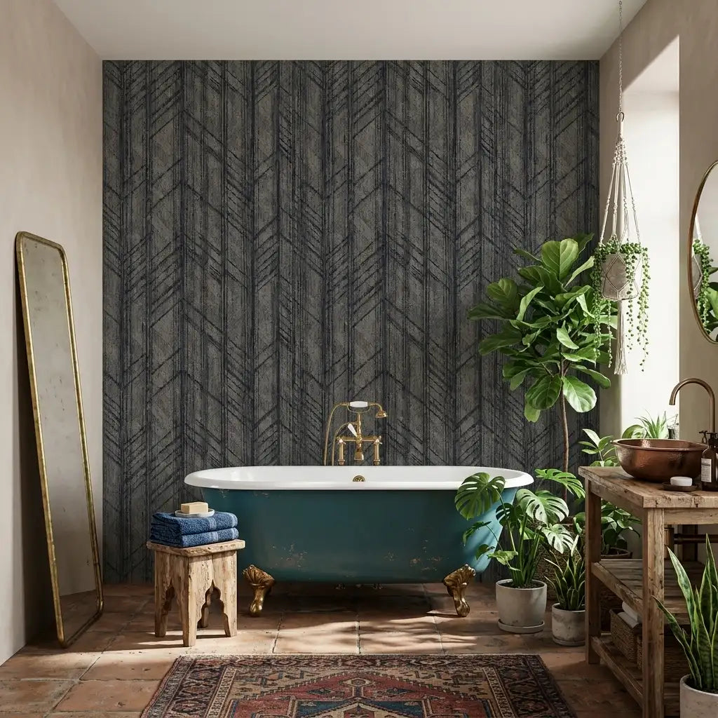 Bathroom - Winthrop wallpaper in Charcoal and Taupe by York Wallcoverings creates a sophisticated, modern aesthetic.