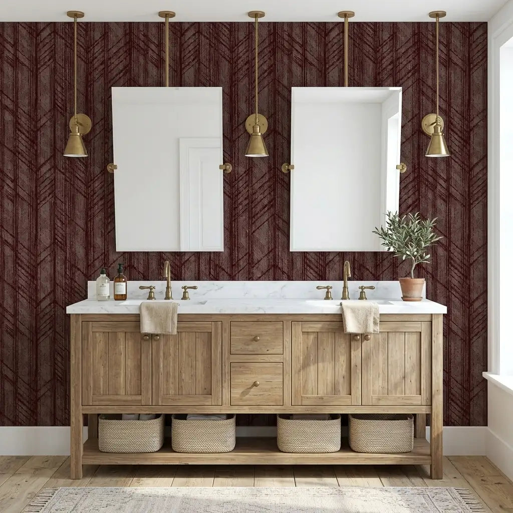 Bathroom - Elegant Winthrop wallpaper in Maroon by York Wallcoverings enhances this stylish bathroom's design.