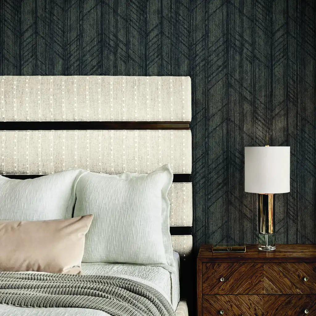 Bedroom featuring elegant 'Winthrop' wallpaper in Charcoal and Taupe by York Wallcoverings, creating a sophisticated retreat.