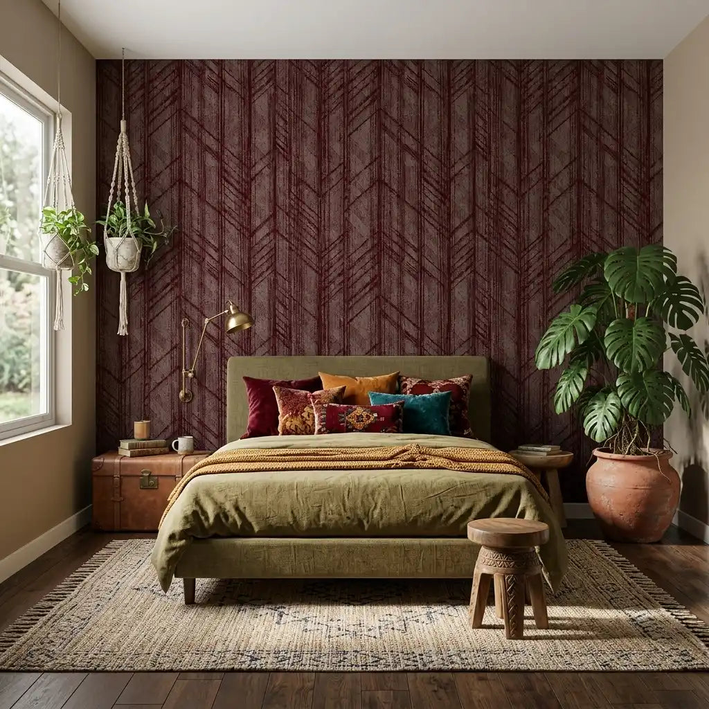 Bedroom - Elegant space featuring Winthrop wallpaper in rich Maroon by York Wallcoverings, adding sophistication and depth.