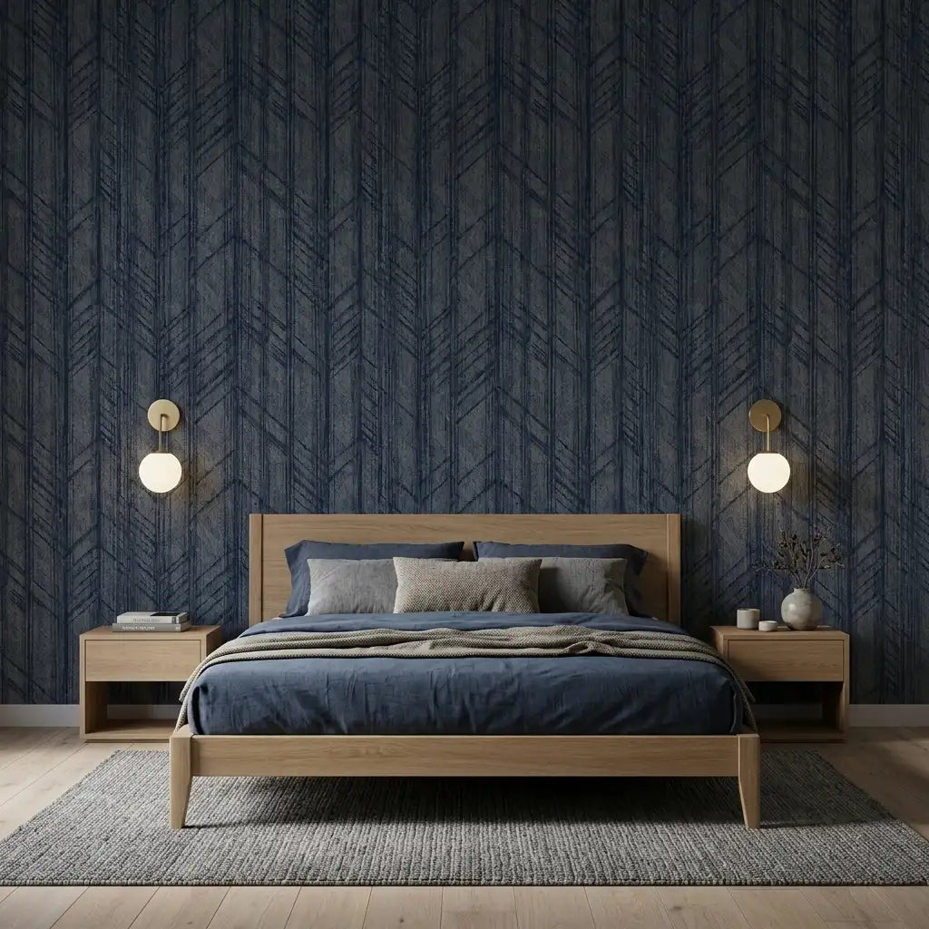 Bedroom - Elegant navy blue 'Winthrop' wallpaper by York Wallcoverings creates a stylish and serene room design.