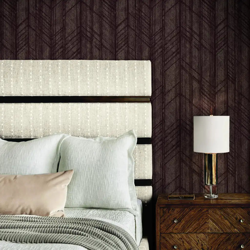 Bedroom featuring elegant Winthrop Maroon wallpaper by York Wallcoverings, creating a sophisticated and cozy atmosphere.