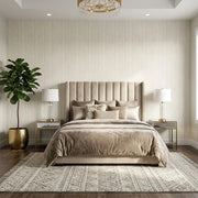 Bedroom - Serene bedroom showcasing elegant Winthrop wallpaper in Warm Ivory by York Wallcoverings, creating a sophisticated and inviting space.