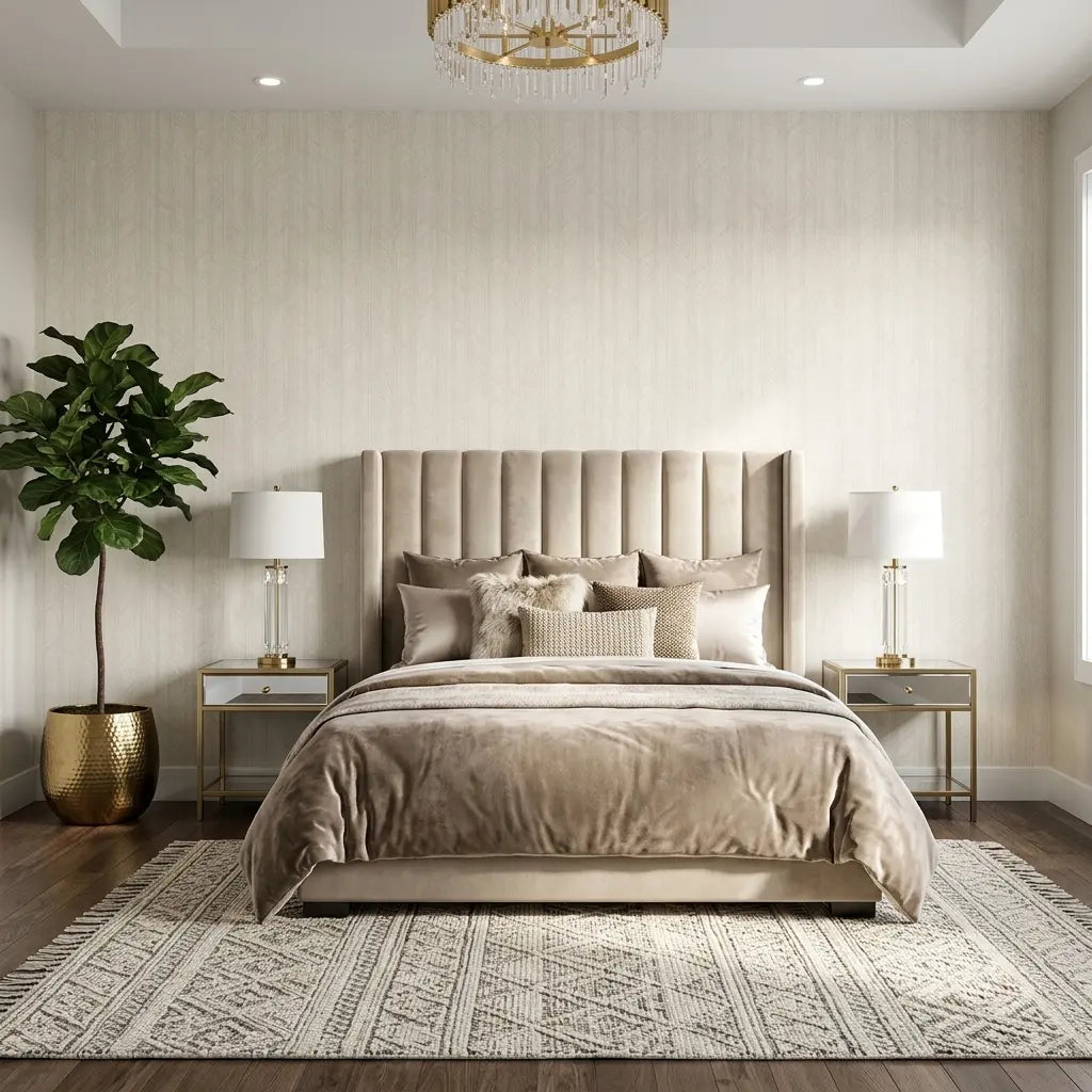 Bedroom - Serene bedroom showcasing elegant Winthrop wallpaper in Warm Ivory by York Wallcoverings, creating a sophisticated and inviting space.