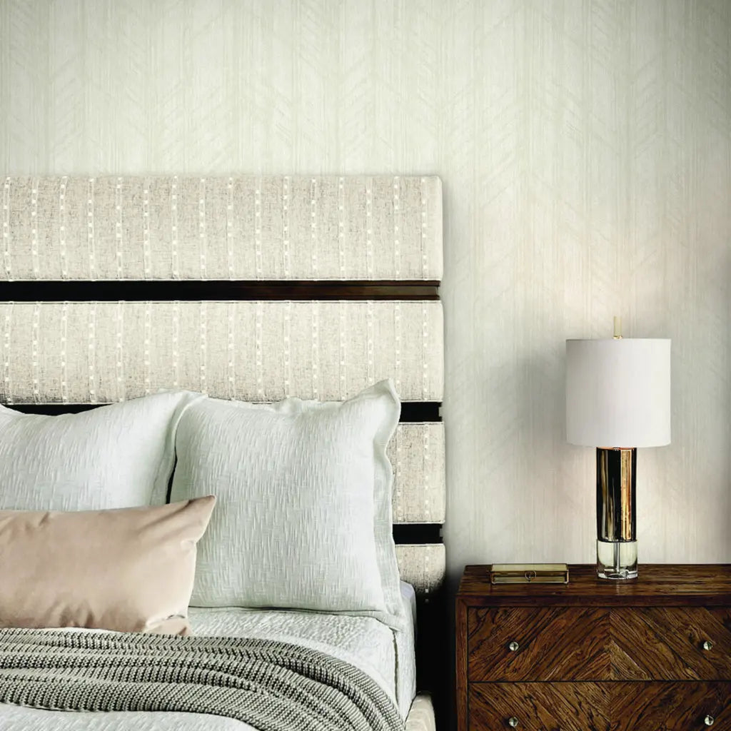 Bedroom featuring Winthrop wallpaper in Warm Ivory by York Wallcoverings.