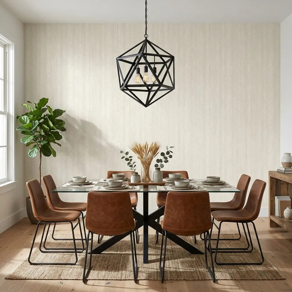 Dining Room - Elegant space featuring York Wallcoverings' 'Winthrop' wallpaper in Warm Ivory, creating a sophisticated and inviting atmosphere.