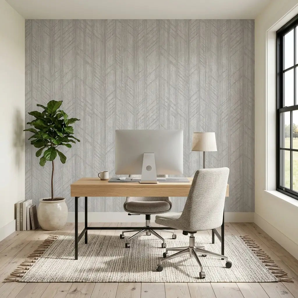 Home Office - Elegant space featuring Winthrop wallpaper in Light Grey by York Wallcoverings, perfect for productivity.