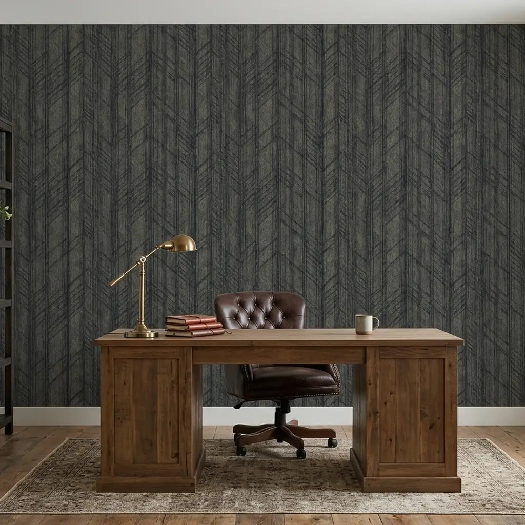 Home Office - Elegant space with Winthrop wallpaper in Charcoal and Taupe by York Wallcoverings.
