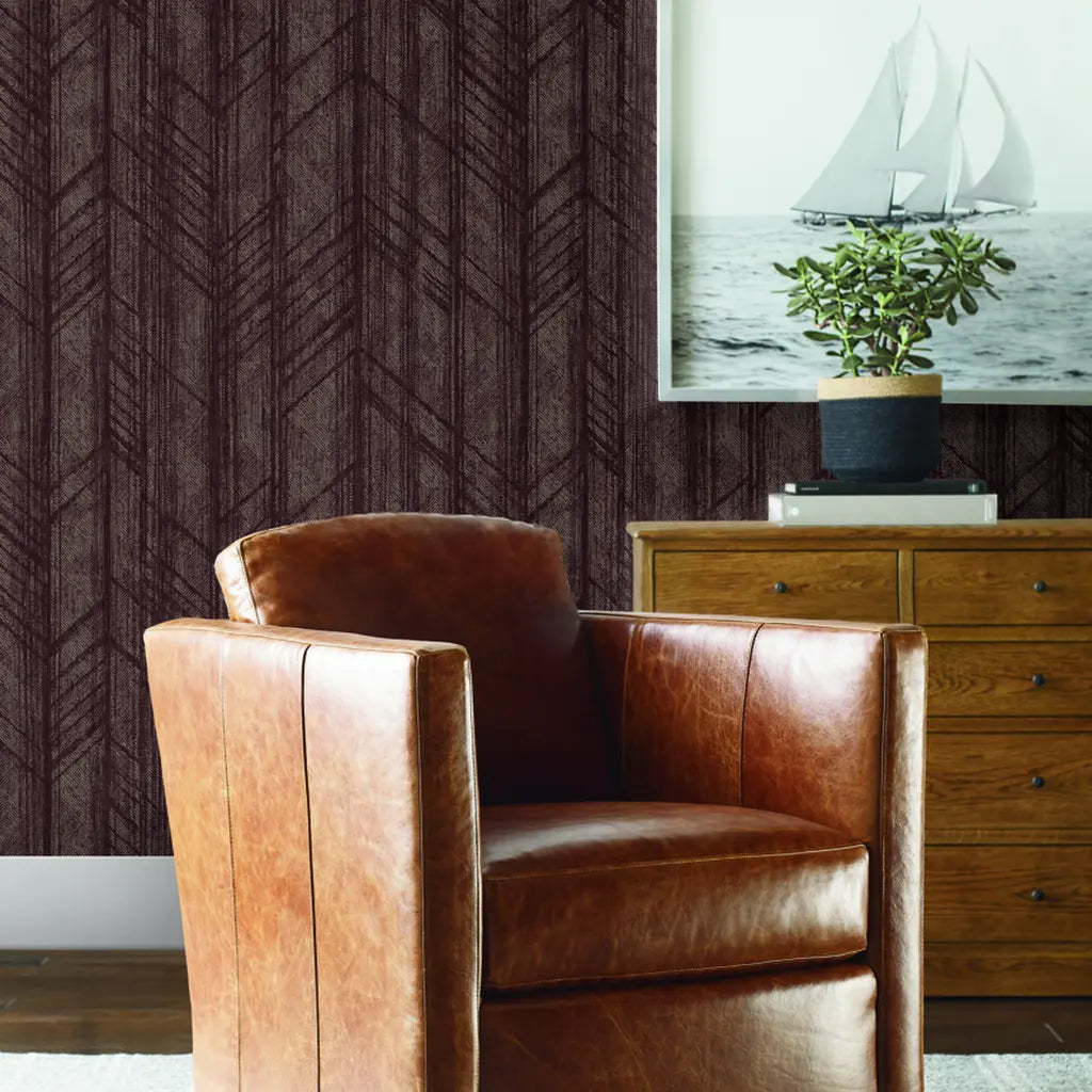 Elegant living room showcasing rich Winthrop Maroon wallpaper by York Wallcoverings, creating a sophisticated feel.