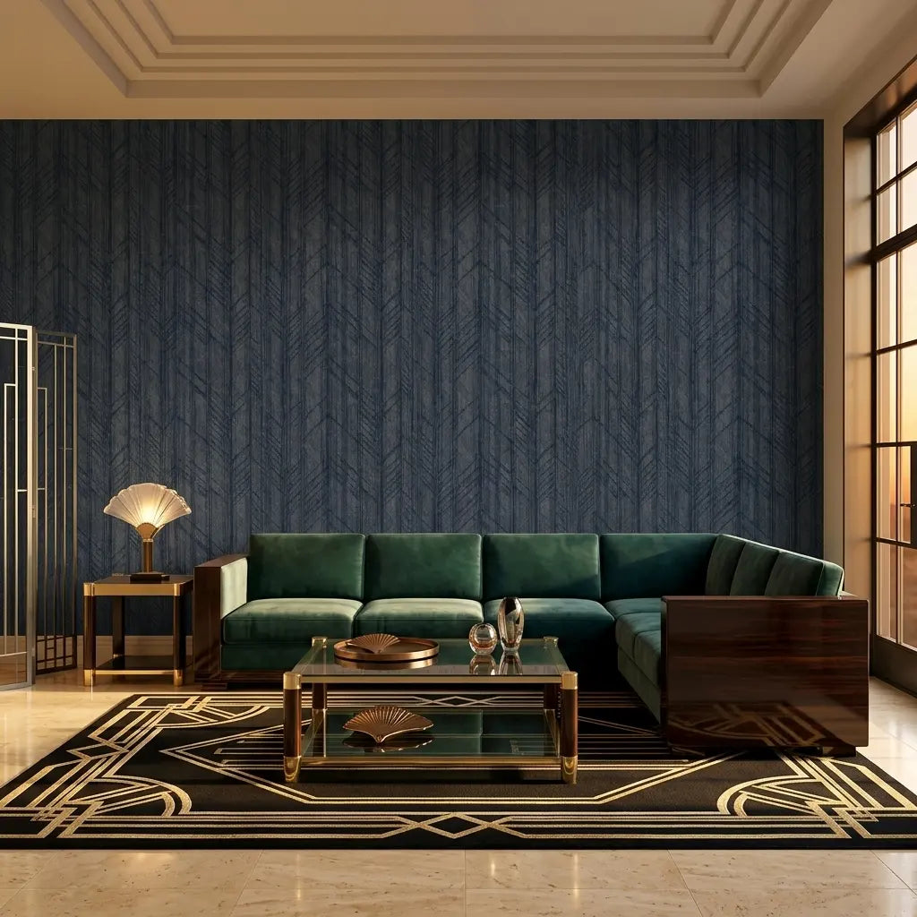 Living Room - Sophisticated living room showcasing the Winthrop wallpaper in Navy Blue from York Wallcoverings.