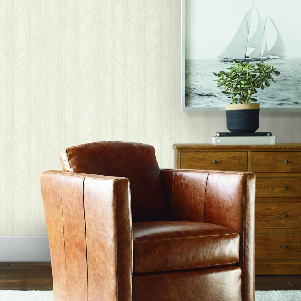 Stylish living room featuring "Winthrop" wallpaper in Warm Ivory by York Wallcoverings.