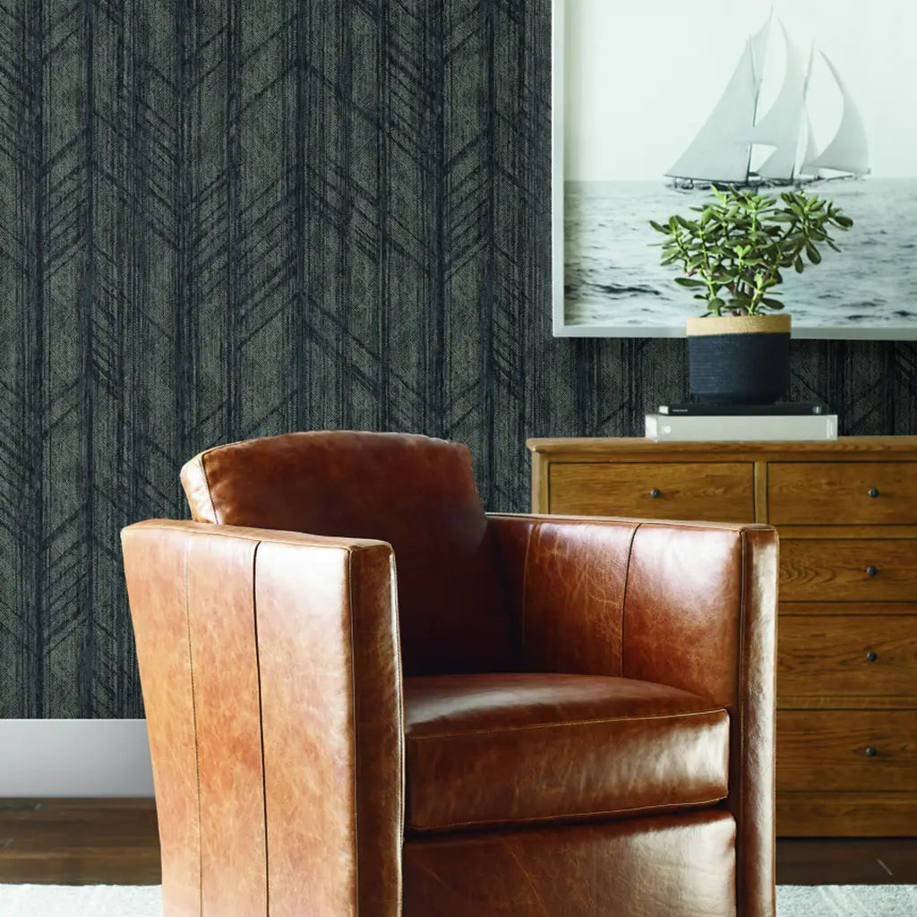 Modern living room featuring elegant Winthrop wallpaper in Charcoal and Taupe by York Wallcoverings.