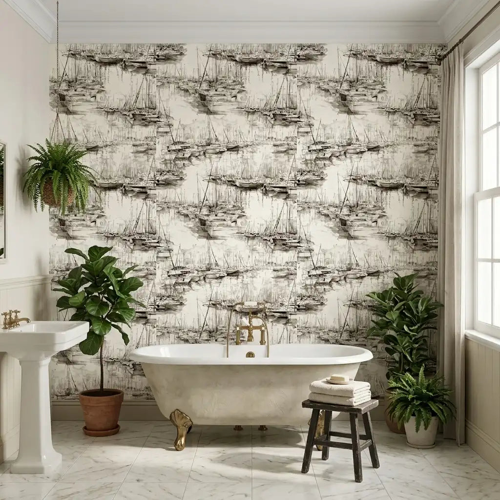 Bathroom - Elegant space featuring 'Yacht Club' wallpaper in Charcoal and Cream by York Wallcoverings, ideal for a refined coastal design.