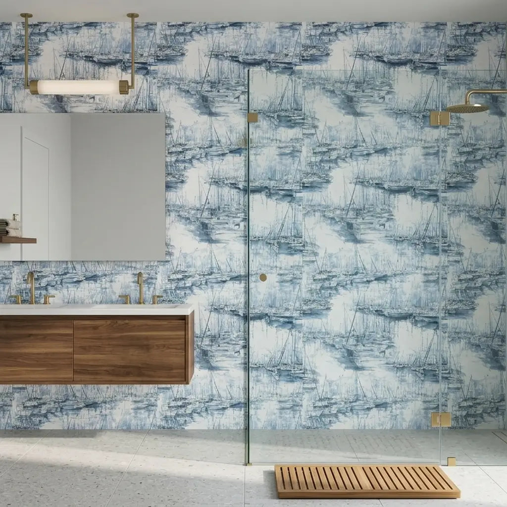 Bathroom - Blue and white Yacht Club wallpaper from York Wallcoverings creates a stylish, nautical-themed bathroom.
