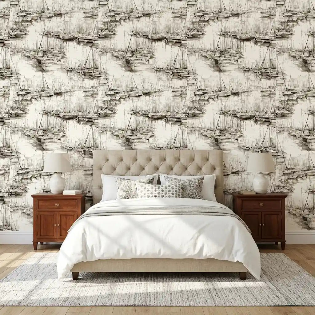 Bedroom - Featuring "Yacht Club" wallpaper by York Wallcoverings in stunning Charcoal and Cream, creating a serene and stylish retreat.