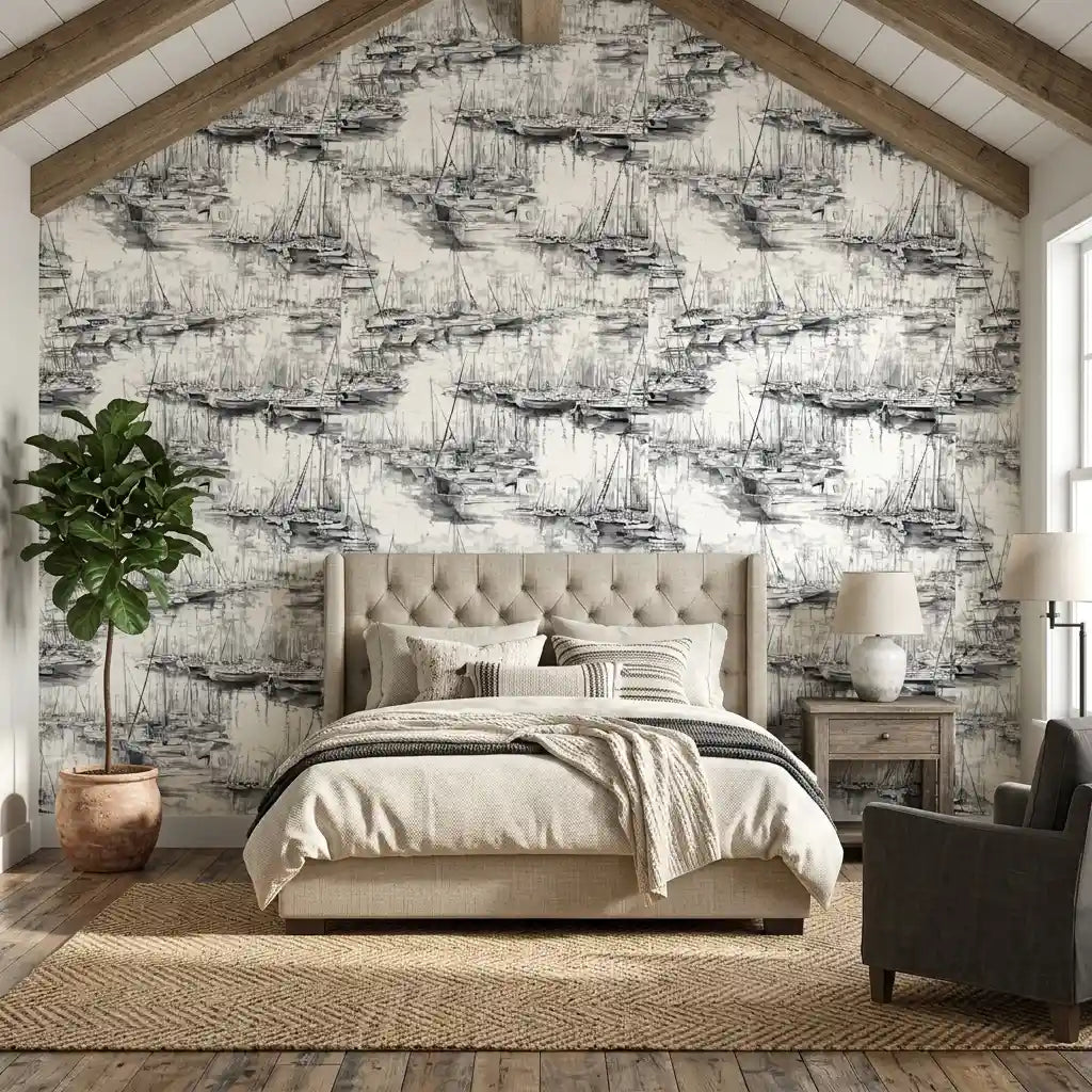 Bedroom - Stylish room showcasing 'Yacht Club' wallpaper in Black and White by York Wallcoverings, adding a sophisticated nautical touch.