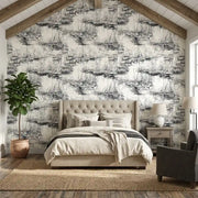 Bedroom - Stylish room showcasing 'Yacht Club' wallpaper in Black and White by York Wallcoverings, adding a sophisticated nautical touch.