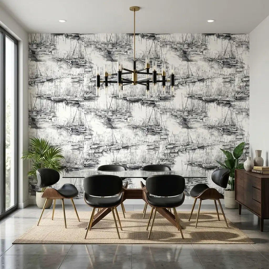 Dining Room - Elegant space showcasing Black & White 'Yacht Club' wallpaper by York Wallcoverings, perfect for stylish entertaining.